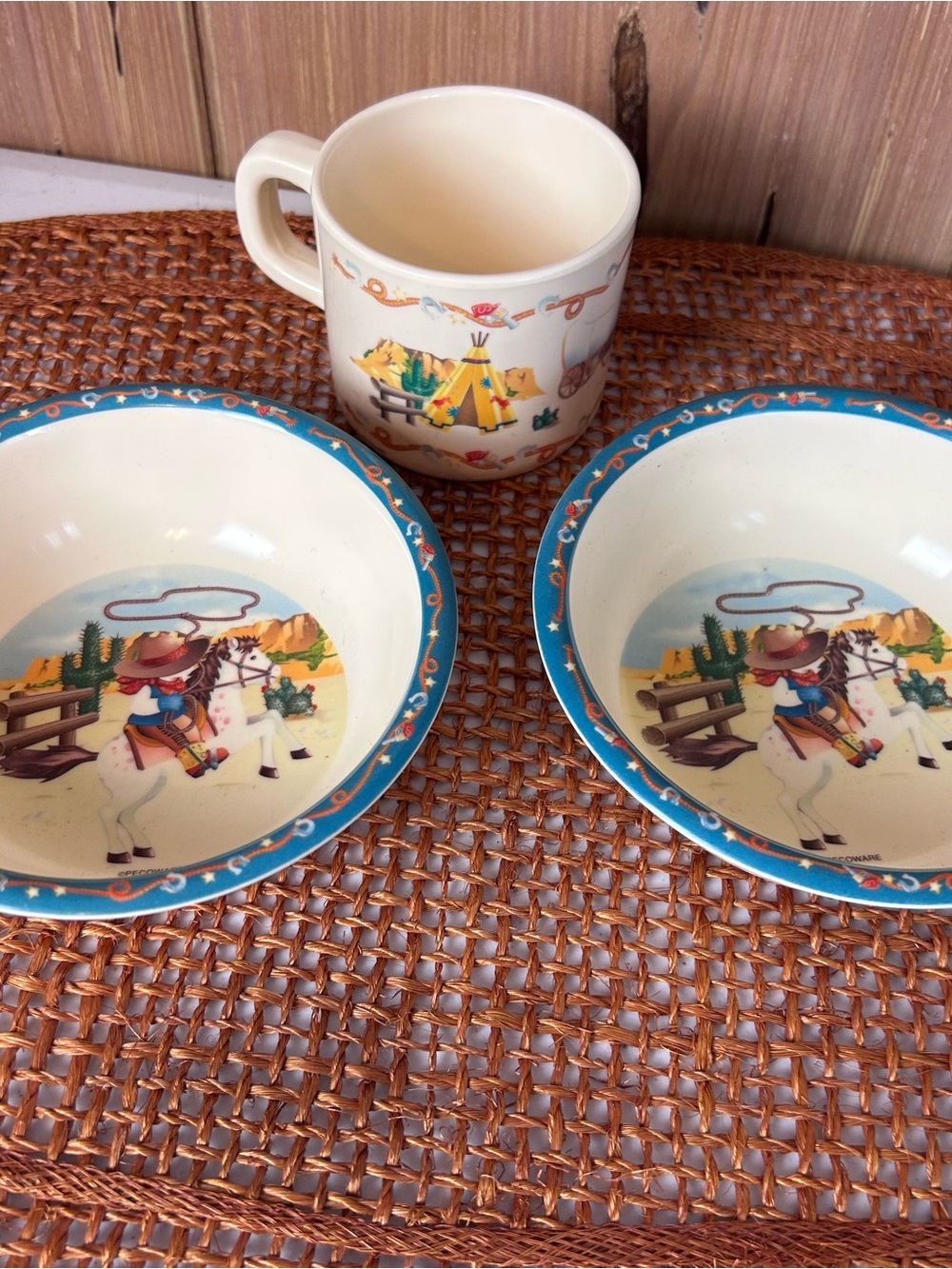 PECO Western Cowboy Melamine Mug and Bowls Set Kids Dinnerware 1980’s